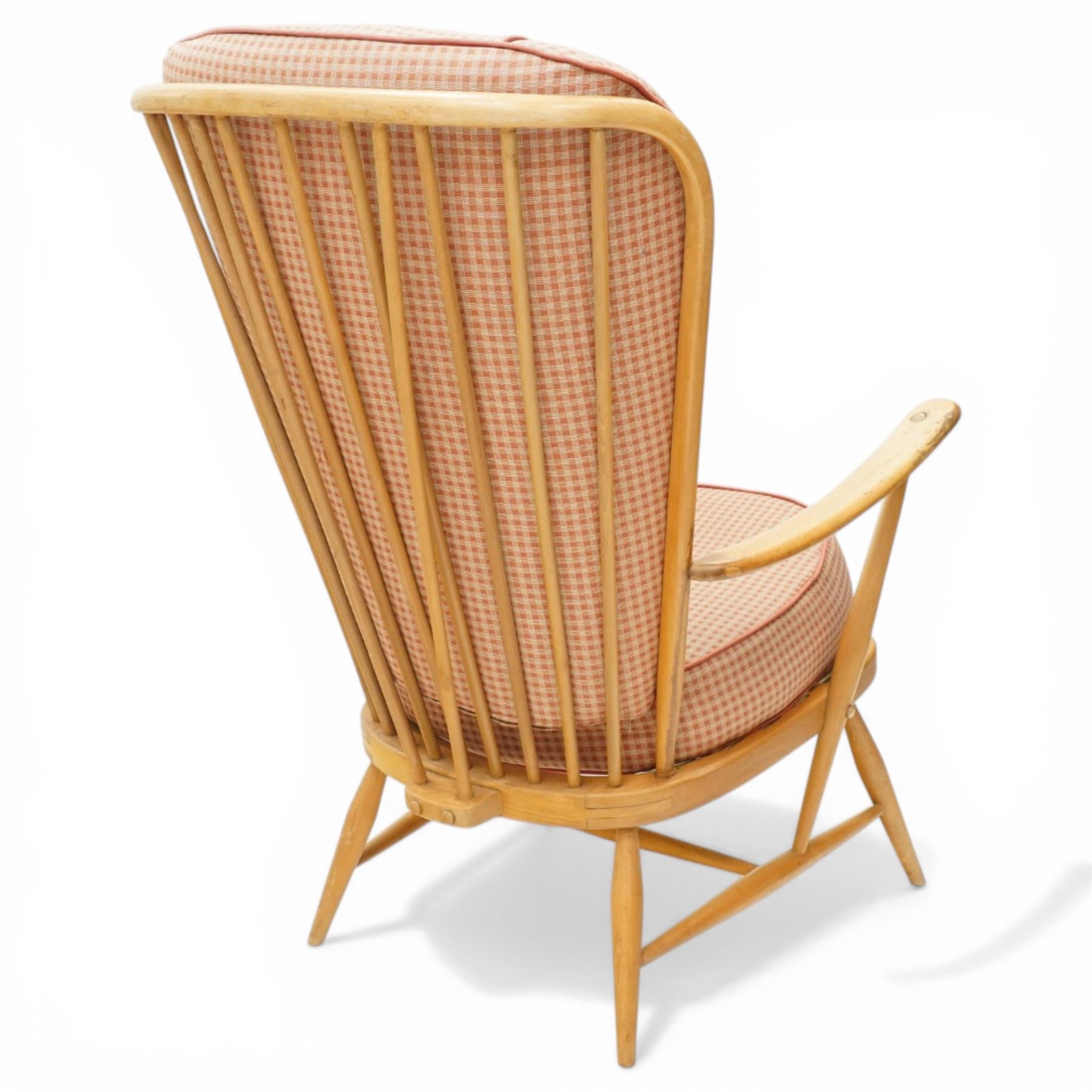 Ercol - Model 478 evergreen light elm and beech armchair, hoop back design curved arms, two crimson checked loose cushions, raised on tapering legs with H-stretcher