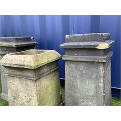 Three Victorian terracotta square tapered chimney pots, tallest height - 62cm - THIS LOT IS TO BE COLLECTED BY APPOINTMENT FROM DUGGLEBY STORAGE, GREAT HILL, EASTFIELD, SCARBOROUGH, YO11 3TX