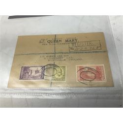 Stamps and coins, including Elizabeth I 1566 sixpence, stamp cover commemorating the first return voyage of S.S. Queen Mary 1936, Indian first day covers and various stamps in albums 