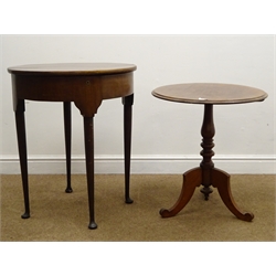  Small Georgian style mahogany demi-lune table, double folding top, turned tapering supports and pad feet (W61cm, H75cm, D61cm) and a mahogany occasional table (D56cm, H61cm) (2)  
