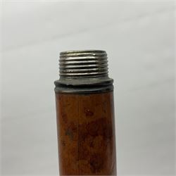 19th century malacca walking cane, the screw threaded domed cover opening to reveal vacant recess, above a further screw threaded opening revealing a removable glass vial with stopper, glass vial L41cm, cane L89.5cm