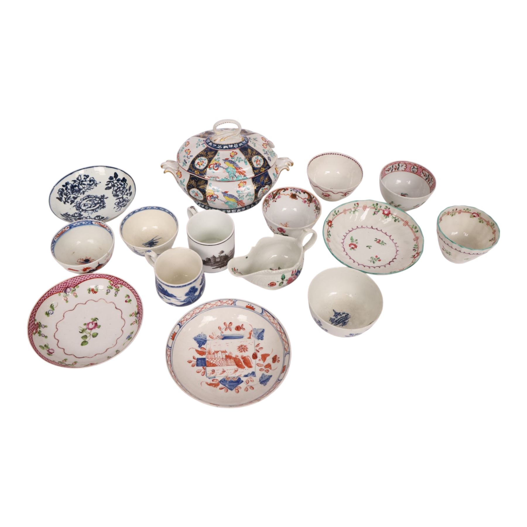 Collection 18th century and later English porcelain, including Worcester tea bowl in cannonball pattern, a custard cup, New Hall tea bowls and saucers and similar 
