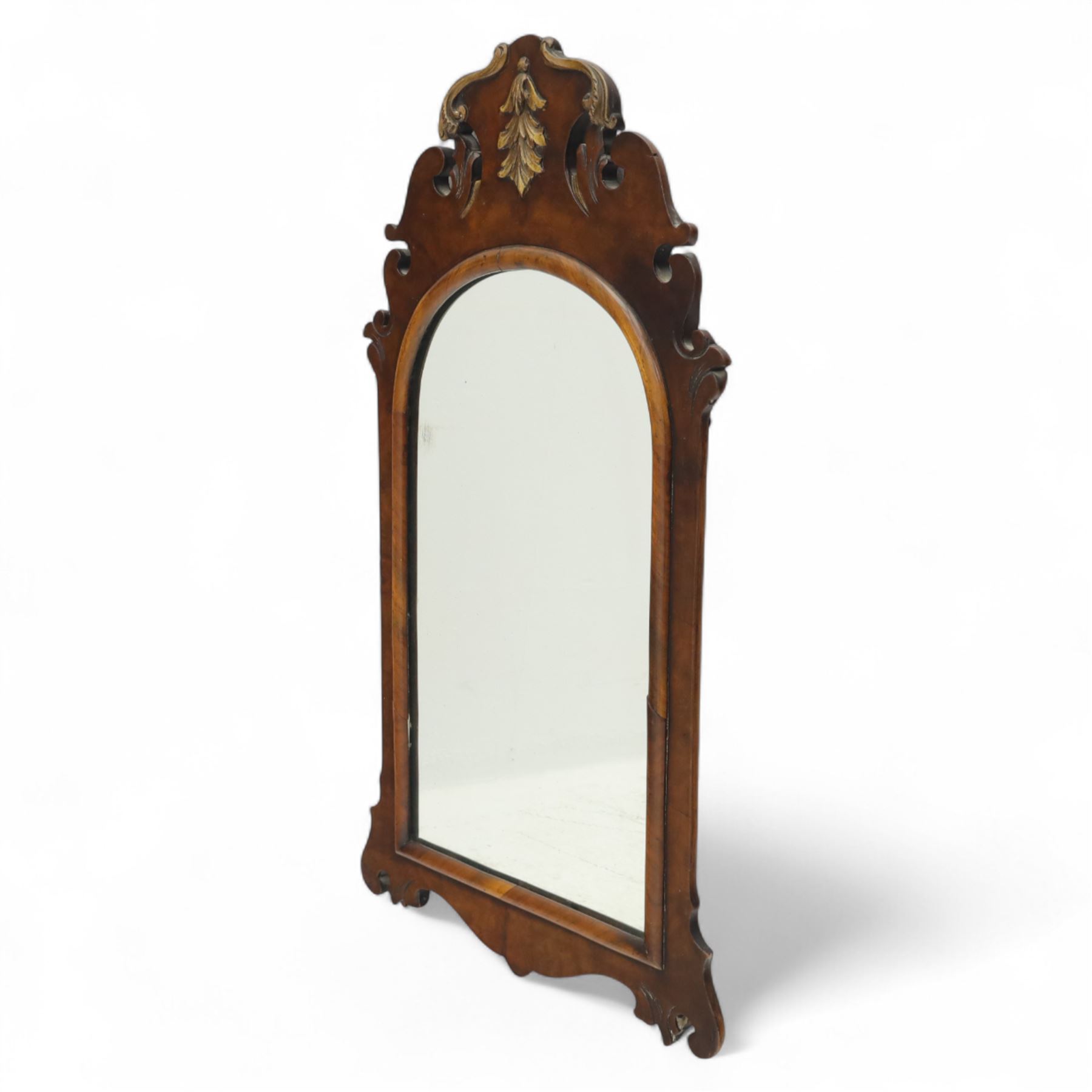 Three-piece mixed furniture lot, comprising an Edwardian mahogany occasional table with inlaid border and under-tier (H 70cm, W 54cm, D 38cm), a French parquetry corner cabinet with ormolu mounts (H 83cm, W 50cm, D 29cm), and a shaped walnut framed wall mirror with scroll cresting (H 75cm, W 43cm)