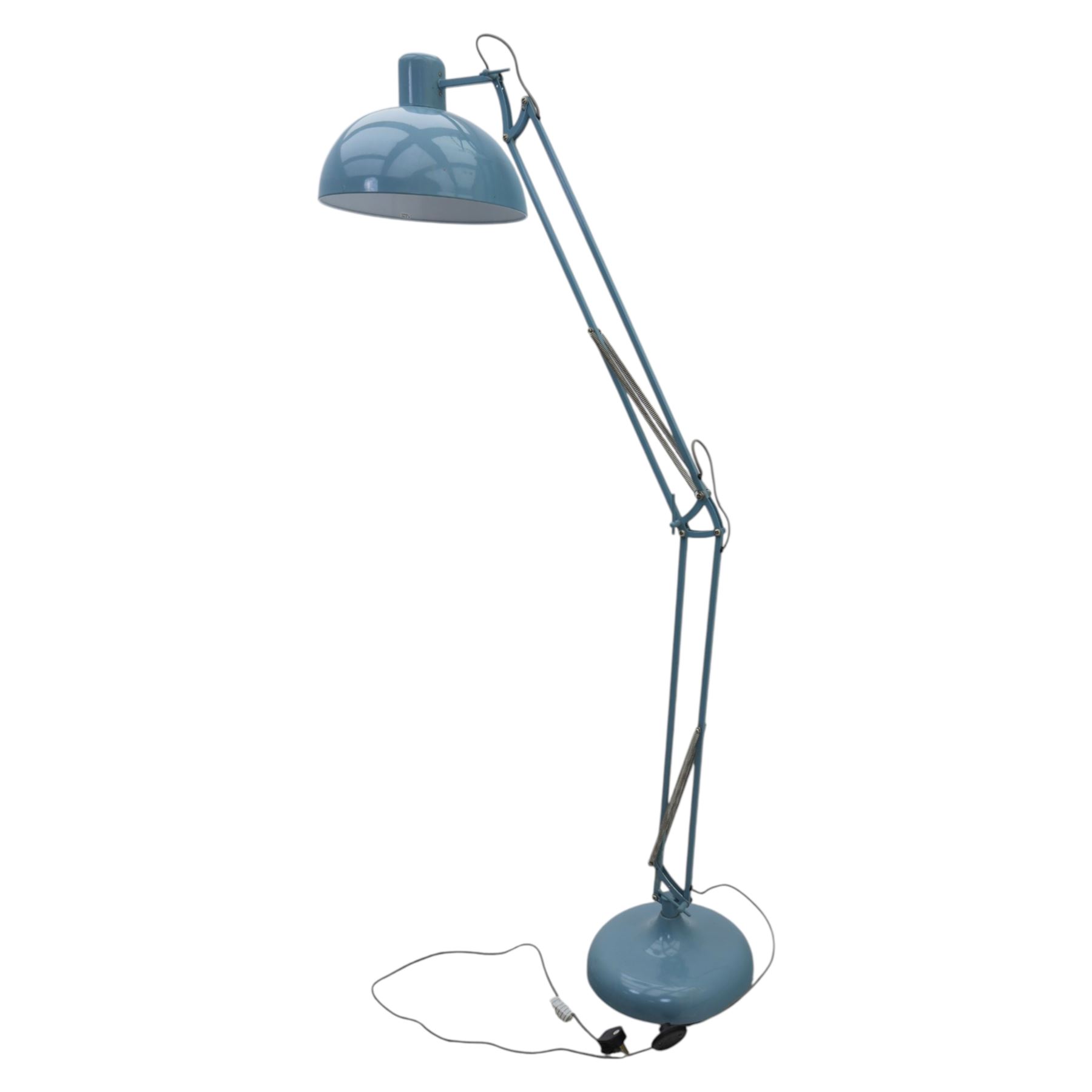 Contemporary pale blue floor lamp, in the manner of Anglepoise, counter balance sprung arm, light grey cord with a weighted base 
