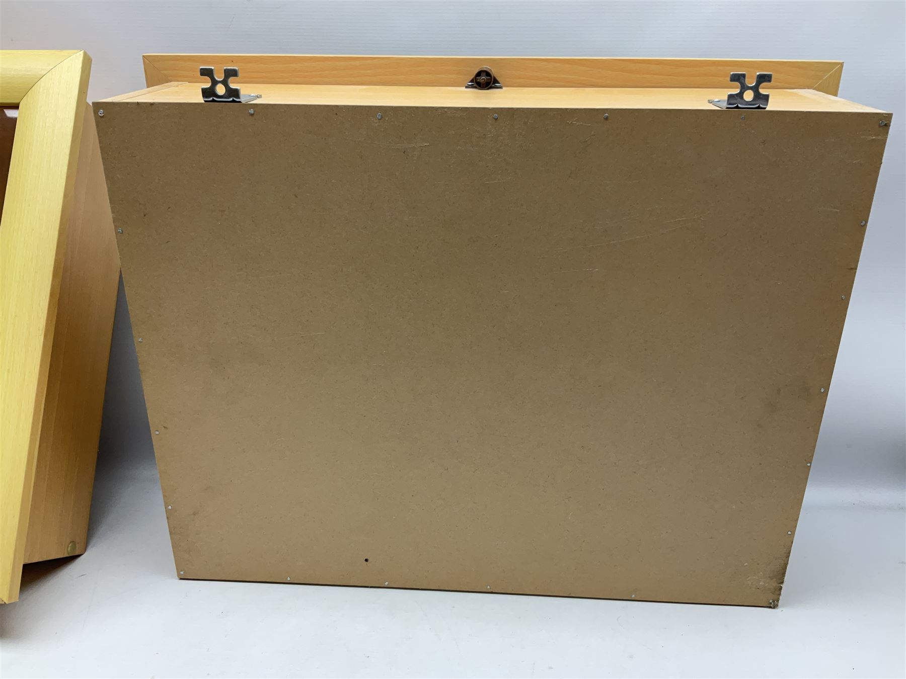 Set of four Livarno wall mounting model display cabinets, each with simulated beech finish and side hinged glazed door enclosing adjustable plate glass shelves W62.5cm H50cm D17cm (4)