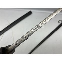 French Model 1866 Chassepot bayonet with 57cm curving fullered steel blade dated 1873 No.L63963; in steel scabbard with conforming number L71.5cm overall; and French St. Etienne Gras bayonet dated 1878 No.K10674 in steel scabbard numbered 79437 (2)