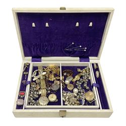 Victorian and later jewellery including 9ct gold bird pendant, wedding band and pair of cufflinks, gold bow brooch, silver brooches and rings and costume jewellery including earrings, brooches, bracelets, rings, necklaces and wristwatches