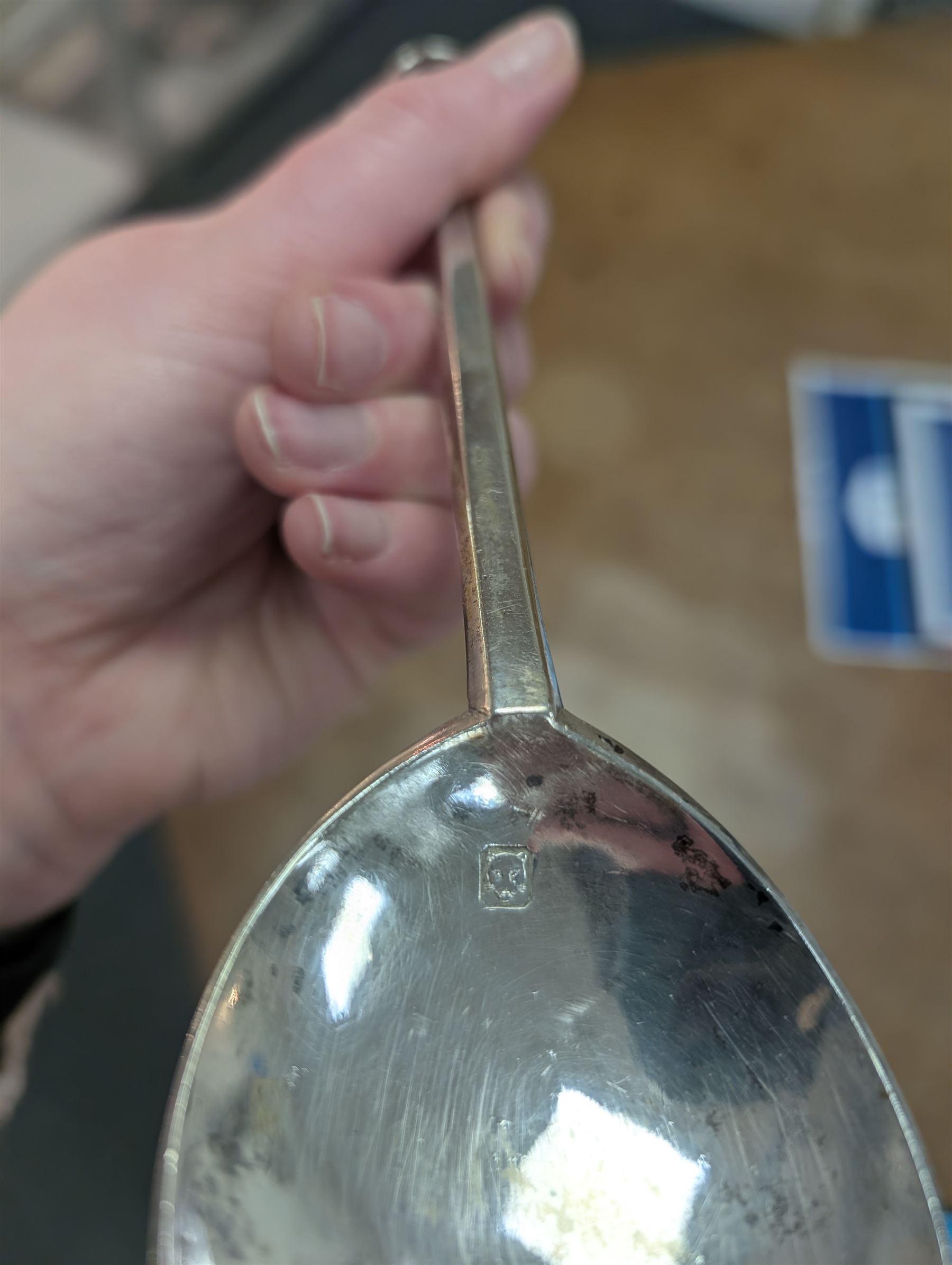 Pair of 17th century style seal top table spoons, with rounded fig shaped bowls and seal top finials, engraved ALC JEB 1649, with leopards head mark to centre top of bowl and modern hallmark on reverse for London Assay Office with no date mark