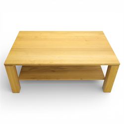 Modern solid oak coffee table, square supports united by full length under tier, raised on castors