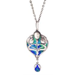 Murrle Bennett silver Art Nouveau blue / green enamel and blister pearl pendant, stamped 950, on chain necklace