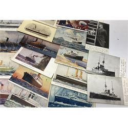 Sixty-five early 20th century postcards of passenger liners including White Star, Red Star, Atlantic Transport, Anchor, Cunard, Henderson, Booth, Union Castle, Holland America, Lamport & Holt, P. & O., New Zealand, Canadian Pacific, British India etc; and ten Edwardian postcards of Naval warships and officers (75)