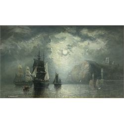 Richard Weatherill (British 1844-1913): Sailing Ship at Anchor by Moonlight in Whitby Harbour, oil on board signed 22cm x 37cm
Provenance: North Yorkshire deceased estate