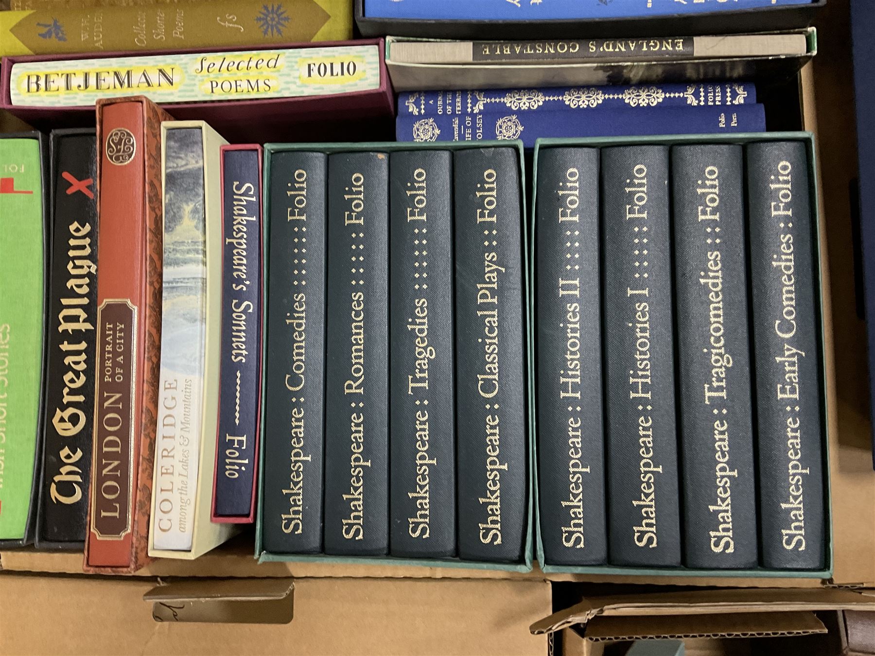Large collection of Folio Society society books on various subjects, including Pepys Diary 1660-1669 in 3 volumes, Shakespeare eight volumes, Catherine the Great, Enigma etc, in six boxes 