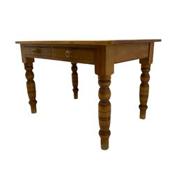 Rectangular pine farmhouse dining table, two drawers, turned legs