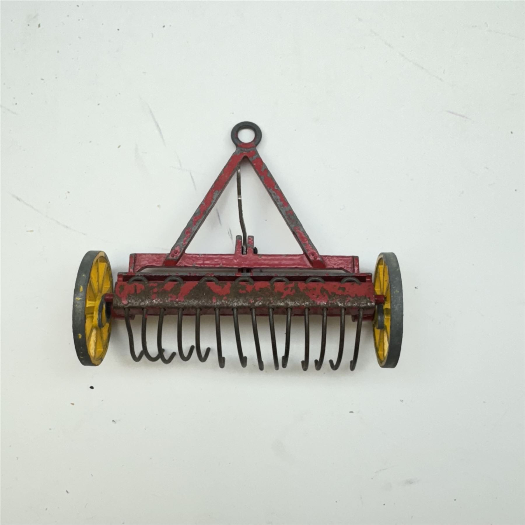 Britains 1:32 scale farm implements, vehicles and figures,  comprising 9563 Hay Baler, 9539 Seed Drill, 9534 Disc Harrow, 9537 Acrobat Rake, 9530 Three Furrow Plough, 9547 Horse Box with Horse, 9576 Farm Land Rover, 2078 male Rider with Horse, 9533 Roller, 9538 Vari-Spreader, 9536 Cultivator, three 1742 Hay Bales, 1740 Milk Churns and 1741 Sacks, all boxed, together with trees, walls, buildings and loose vehicles