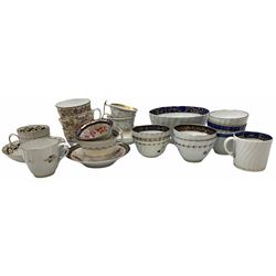 Group of 19th century English porcelain tea wares, to include two Spode cups and a saucer, with relief moulded border of flowers and conforming painted decoration, with pattern number 3906 beneath, three Spode bute shape cups, two Coalport cups and a saucer, a wrythen fluted teabowl, possibly Caughley, and various other examples including a number by Newhall. 