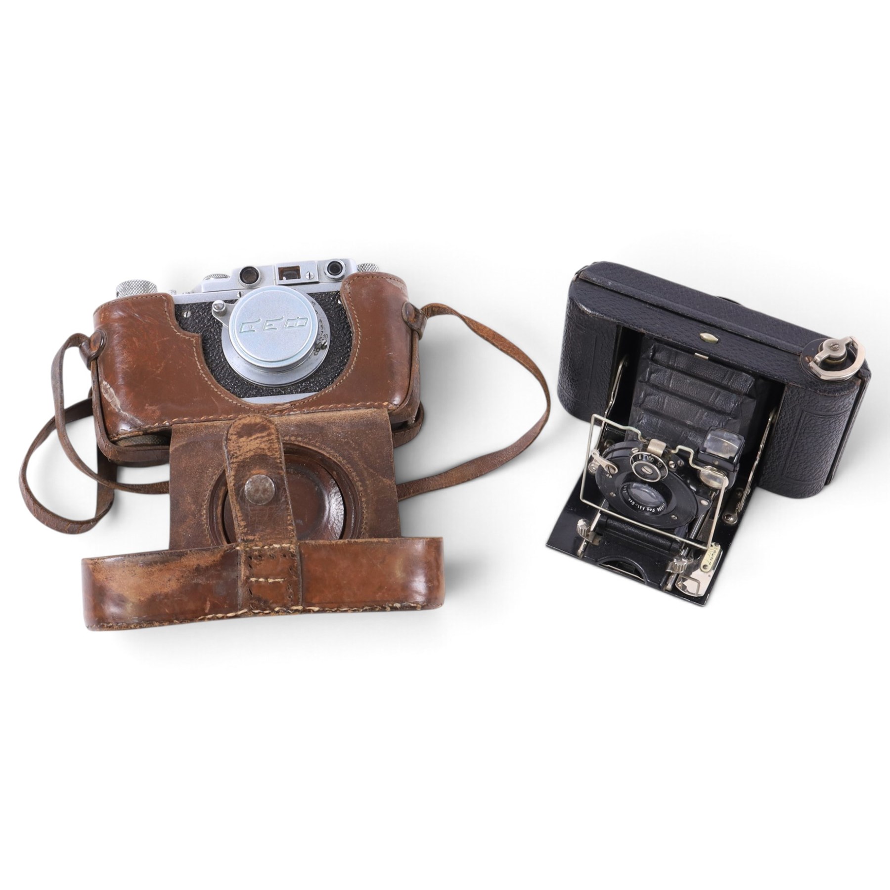 1940s Russian FED 1d NKVD 35mm rangefinder camera, serial no. 168349, with collapsible FED F=50 1:35 lens, in brown leather case, together with an Ica Icarette camera