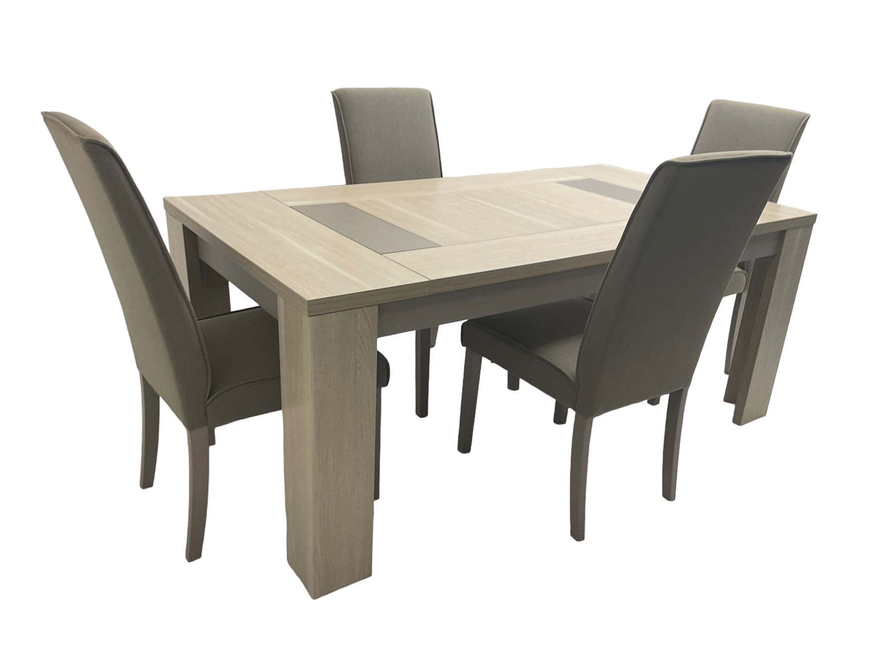 Wayfair Veasley - washed oak finish rectangular dining table, and set four high back dining chairs upholstered in grey fabric