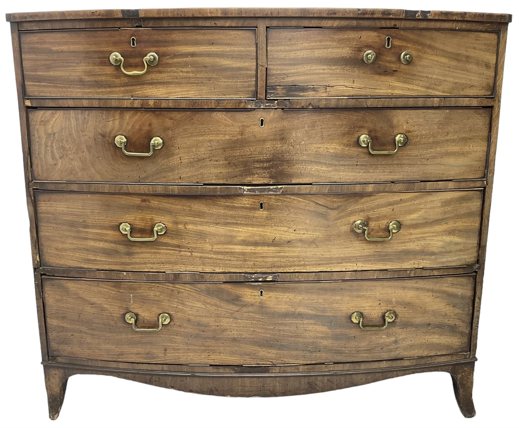 Early 19th century mahogany bow-front chest, fitted with two short over three long cock-beaded drawers, on splayed feet