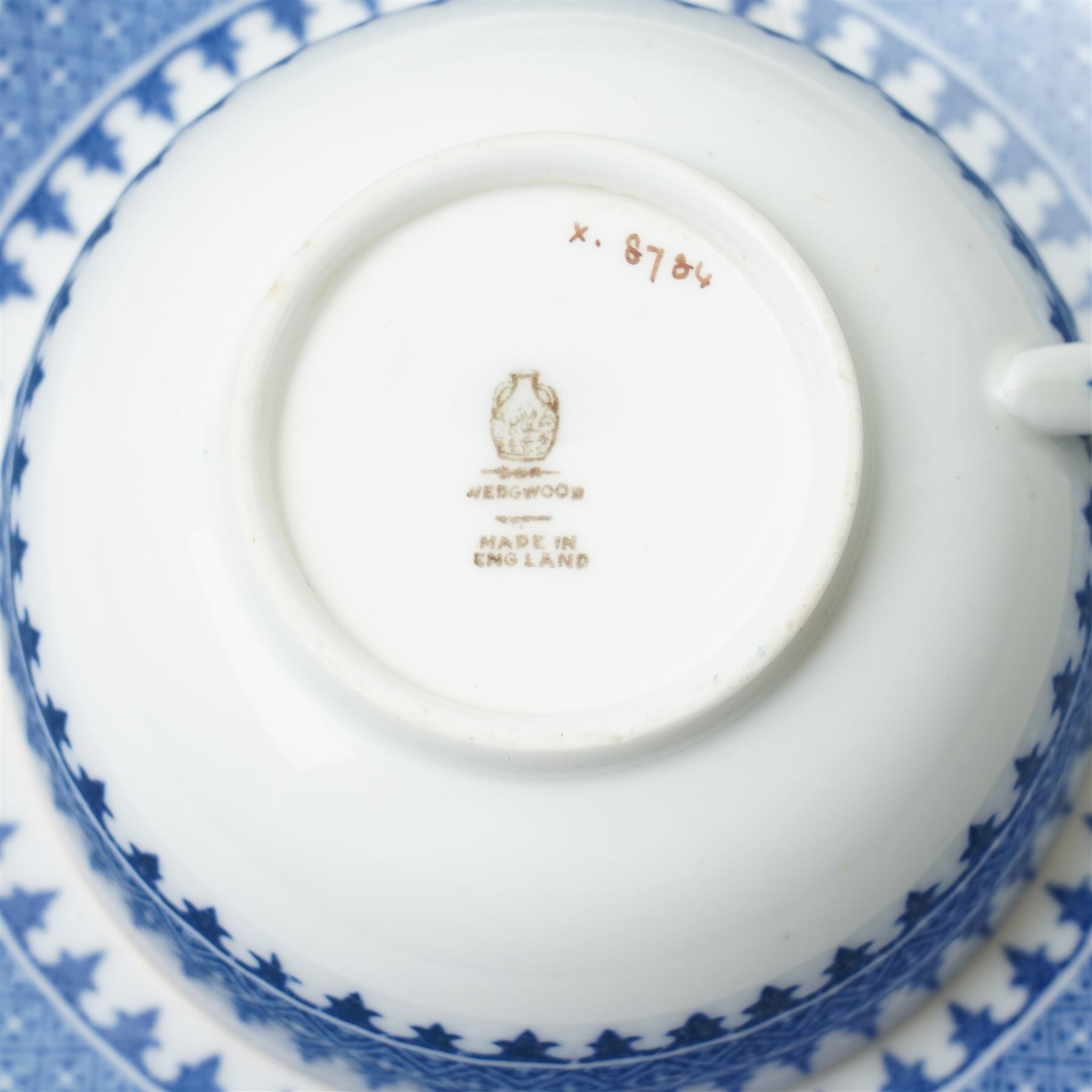 Wedgwood Lynn pattern blue and white tea service comprising eleven cups and saucers, twelve plates, milk jug, sugar bowl and two bread and butter plates