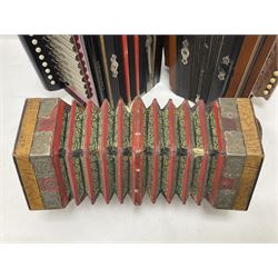 Three European concertinas, comprising Viceroy German concertina with 21 keys, hexagon wooden frame and 8 fold bellows
Oak framed concertina with 12 keys and 8 fold bellows
Commander concertina with 12 keys and 12 fold bellows
With tutor