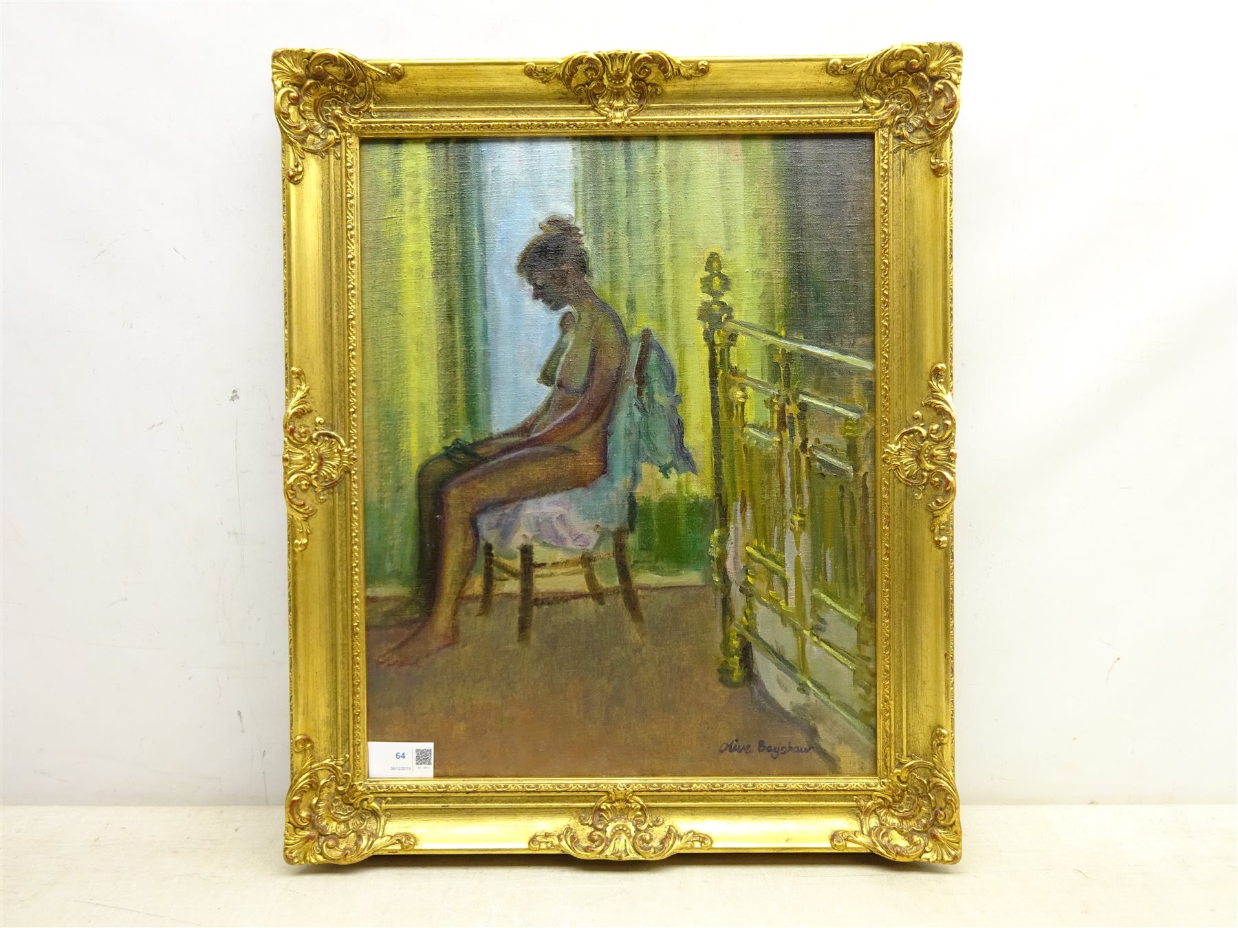Olive Bagshaw (Northern British fl.19651978) Female Nude Seated near a Brass Bed, oil on