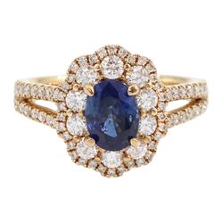 18ct rose gold oval cut sapphire and round brilliant cut diamond cluster ring, with diamond set shoulders, hallmarked