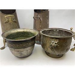 Pair or brass and copper fire dogs with gadrooned finials and scrolled supports, brass jardiniere and another similar and two coal scuttles