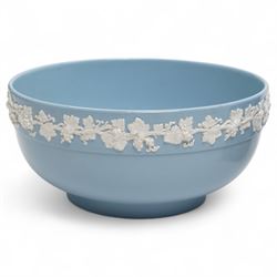 19th century Wedgwood Jasperware biscuit barrel, bas relief decorated with Diana and other classical figures, with EPNS mounts and swing handle, H18cm together with a Wedgwood Queen's Ware bowl (2)