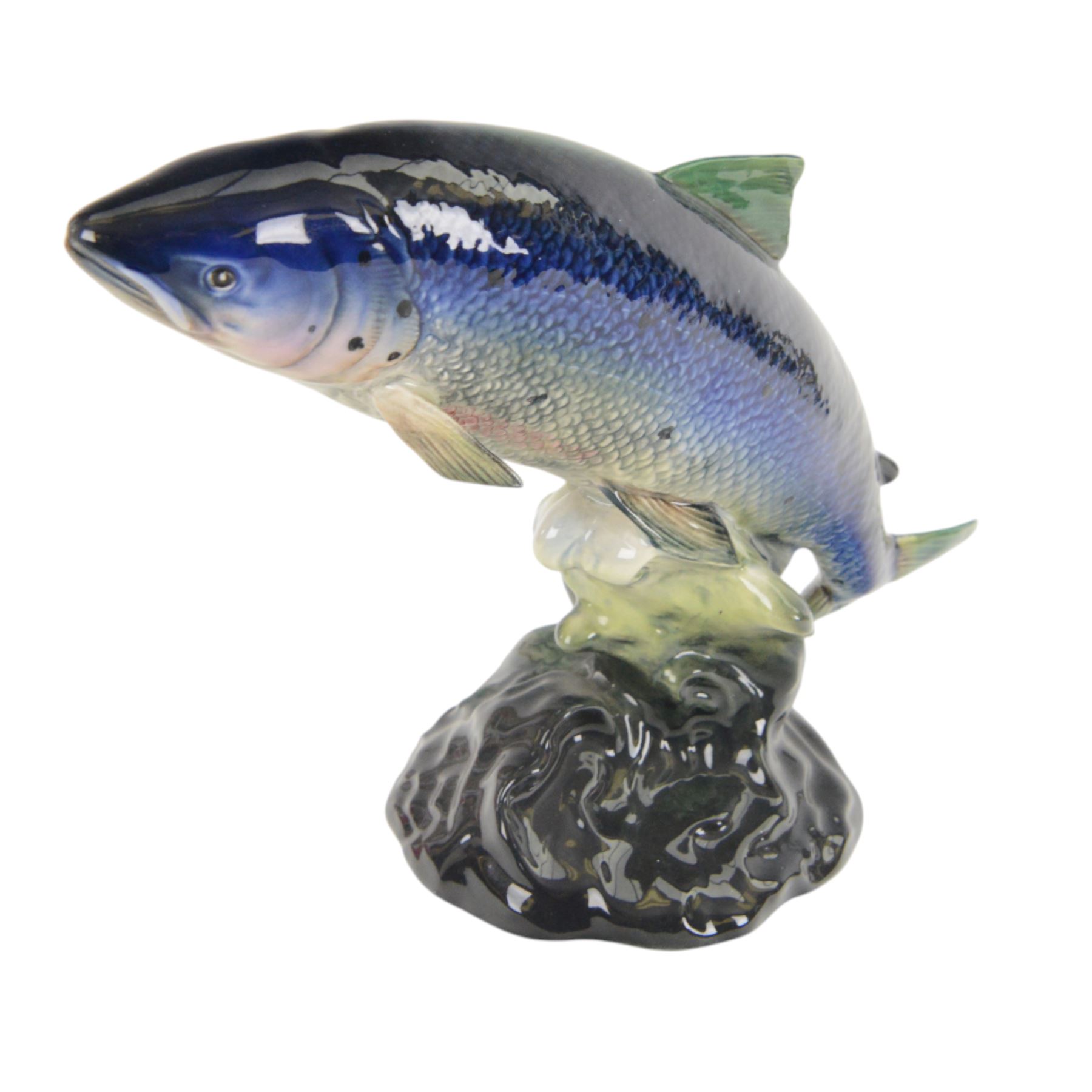 Beswick, four fish figures, comprising Large mouthed Black Bess 1266, Perch 1875, Atlantic Salmon 1233 and Rainbow Trout 1246