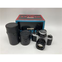 Asahi Pentax S1a camera body, serial no. 707071, with 'Super-Takumar 1:1.8/55' lens, serial no 2124044, together with Asahi Pentax Sv camera body, no. 1925617 with 'Super-Takumar 1:2/55' lens, serial no. 2770153, Asahi Pentax Meter, 'Super-Takumar 1:3.5/28' lens, serial no. 2075492 and 'Super-Takumar 1:4/150' lens, serial no. 1461613  