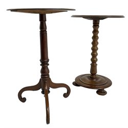 19th century walnut occasional table, circular moulded top on bobbin turned stem, circular moulded base on compressed feet (H70cm); 19th century walnut tripod table, circular table on turned stem, on splayed supported with scrolled terminals (H74cm)