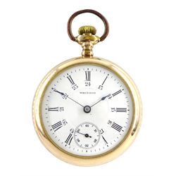 American gold-plated open face, 17 jewels keyless pocket watch by Waltham, No.15607264, white enamel dial with Roman numerals and Arabic twenty-four hour numerals and subsidiary seconds dial, screw back case engraved with initials