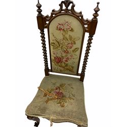 Victorian walnut framed nursing chair, tapestry seat and back; and a Victorian barley twist chair