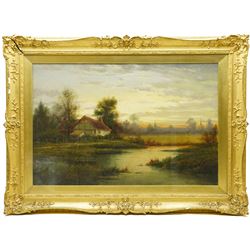 George Cole (British 19th century): Sunset over Thatched Cottage, oil on canvas signed 49cm x 75cm 