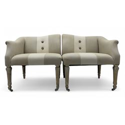 Pair of contemporary hardwood corner chairs, upholstered in broad alternating bands of neu...
