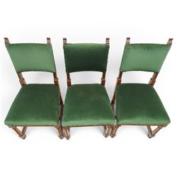 17th century style mahogany set of six dining chairs, with carved scrolled finials, padded green velvet upholstery, block and turned supports united by stretcher  