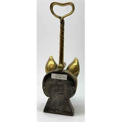 Victorian weighted brass doorstop, modelled as a fox mask with weighted riding crop handle, H37cm   