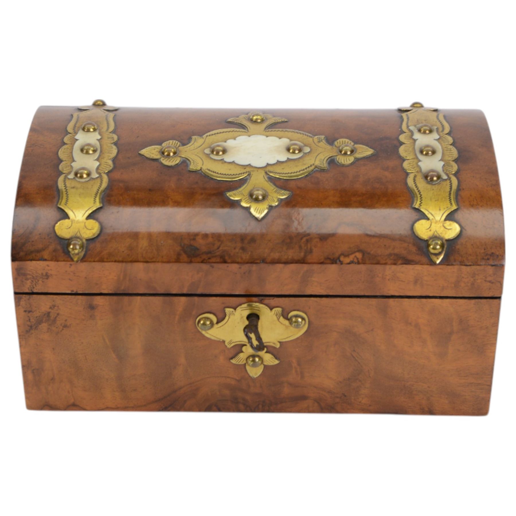 19th century burr walnut tea caddy, with brass and ivory mounts to domed cover, opening to reveal two lidded compartments, with key, H10cm
This item has been registered for sale under Section 10 of the APHA Ivory Act