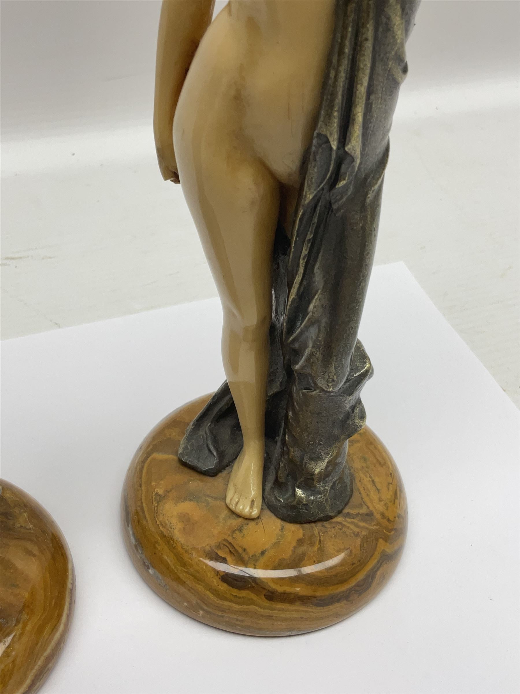 After Ferdinand Preiss (1882-1943), pair of Art Deco style, composite semi nude classical female figures, raised on circular onyx bases, H21cm