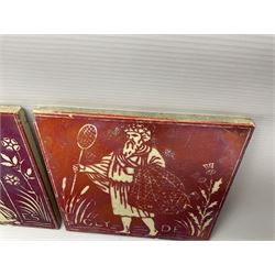 Pair of Maw & Co Benthall Works tiles, each depicting classical figures with fishing and shipping details, one inscribed Thames, the other Clyde, upon a red lustre ground, with raised marks verso, H15.2cm