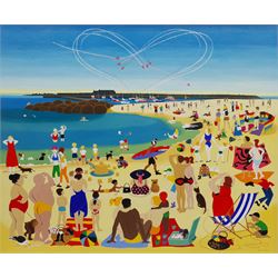 Julie Hine (British 20th Century): 'Summer at Lyme Regis', oil on board signed 50cm x 60cm
