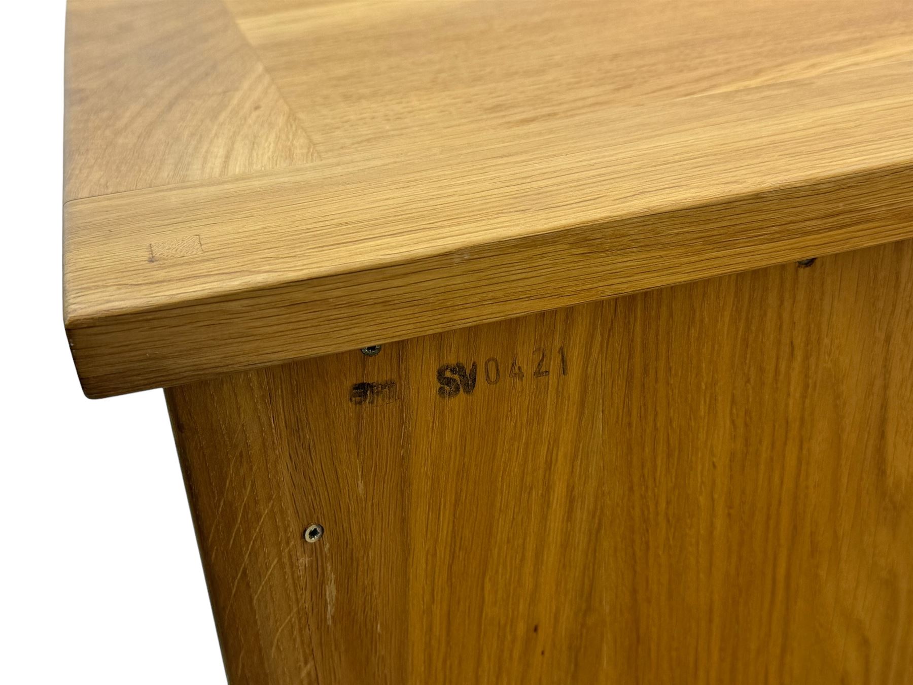 Laura Ashley - contemporary Milton oak display cabinet, featuring single door with two glass panels and pewter effect handle, enclosing one fixed oak shelf and two adjustable glass shelves, access hole at the bottom shelf, over single drawer with matching handle, on square legs