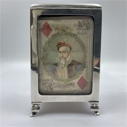 Edwardian silver mounted playing card case, hallmarked William Harrison Walter, Birmingham 1903, the sides each with a period playing card set behind a bevelled glass panel, the hinged cover with later engraving 'Presented to Norman T Crombie Esq by the officers & men of the 31st WR Detachment for services rendered 1917-1918', with red leather lined interior, the three compartments upon a sprung base and containing two later wooden Whist markers, case H12.5cm