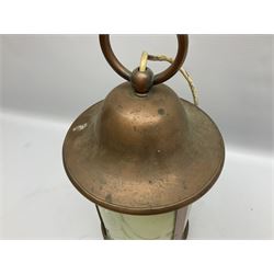 Arts & Crafts copper lantern with Vaseline glass shade, of cylindrical form with domed top and large circular suspension ring, overall H40.5cm