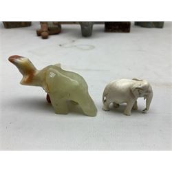 Pair of soapstone figural bookends carved with elephants, African soapstone bust, Buddha bust, Egyptian style etc, tallest H18cm