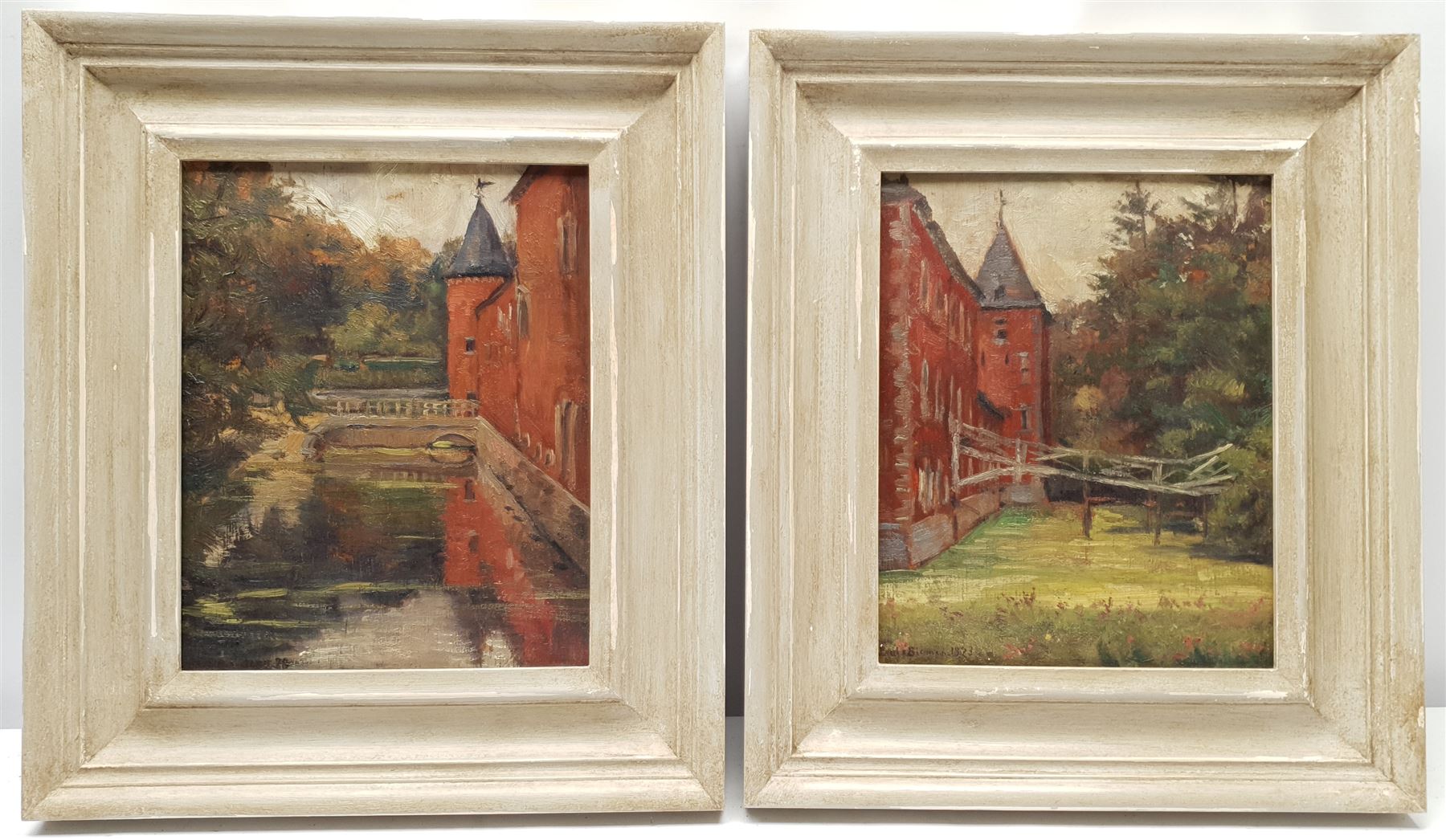 Paule Bisman (Belgian 1897-1973): Franc-Waret Castle, pair oils on panel signed and dated 1923, titled verso 26cm x 20cm