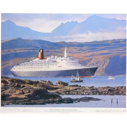  'Queen Elizabeth 2 - Anniversary Homecoming', artists proof colour print No.29/40 signed in pencil by Gordon Bauwens, also signed by Captain Ian McNaught and one other photographic print max 41cm x 52cm (2)  