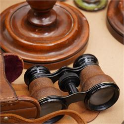 Pair of mahogany spiral column candlesticks, Indian inkstand, wooden inkstand and a pair of Earth Superior opera glasses in leather case