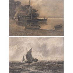 Lester Sutcliffe (British 1848-1933): Ships Landed and Ships at Sea, pair monochrome paste...